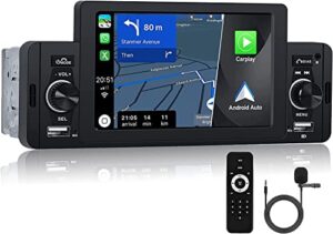 CAMECHO Single Din Car Stereo Apple Carplay Android Auto 5 Inch Touchscreen Car Stereo with Bluetooth Backup Camera Support FM Radio/USB/AUX/Mirror Link /SWC+ Reverse Camera + Microphone