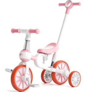 FAYDUDU 5 in 1 Baby Trike with Parent Handle Toddler Tricycle for 2-4 Years Old Kids Balance Bike Birthday Toys for Boys Girls (Pink 2)