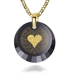 120 Languages I Love You Necklace Anniversary Pendant for Women 24ct Gold Inscribed in Miniature Text on Brilliant Cut Round Classic Black Cubic Zirconia Gemstone