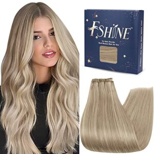 Fshine Weft Hair Extensions Real Remy Human Hair 100 Gram Human Hair Weave Hair Extensions Colour 16 Golden Blonde Highlight with Light Blonde 22 Inch Hair Sew in Bundles Real Human Hai