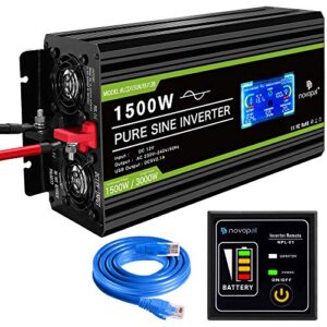 Novopal 1500 Watt Power Inverter Pure Sine Wave-12V DC to 230V/240V AC Converter-LCD Display 2AC Outlets Car Inverter with One USB Port-5 Meter Remote Control And Two Cooling Fans