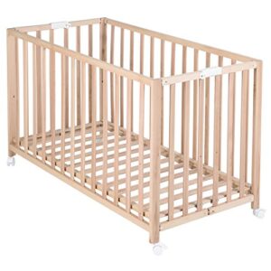 oba Wooden Foldable Cot 'Fold Up' (60 x 120 cm) Organic Beech - Baby Bed with 3 Base Height Settings - Wheels with Brakes Included (Natural)