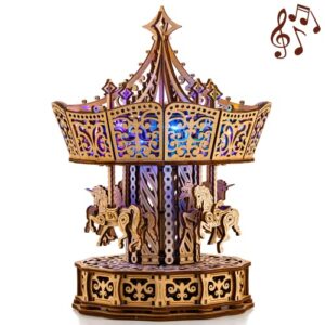 Wood Trick Parisian Carousel Music Box Rotating with Backlit - 3D Wooden Puzzle for Adults and Kids to Build DIY - Wooden Music Box Kit - La Vie en Rose Tune
