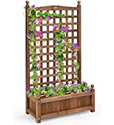 COSTWAY Wood Flower Plant Stand with Trellis, Solid Garden Trough Planter, Outdoor Garden Weather...