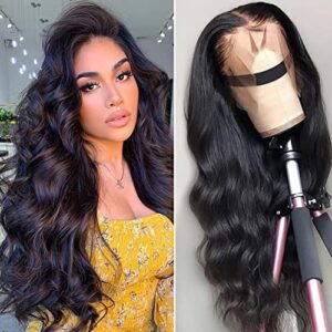Lace Front Wigs Human Hair Body Wave 13x4 Lace Frontal Wig Pre Plucked with Baby Hair Brazilian Human Hair Lace Front Wig Human Hair Wigs for Women 180% Density Natural Black Color 18inch