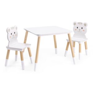Navaris Kids Wooden Table and Chairs - Children's Wood Desk and 2 Chair Furniture Set for Child Bedroom Play Area Dining Room Study - White Cat Desig