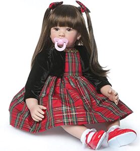 ZIYIUI Reborn Baby Dolls 24 Inch 60cm Reborn Babies Looks Real Dolls Soft Silicone Vinyl Realistic Plaid Skirt Long Hair Reborn Girls Toddler Toys Gifts for age 3 +