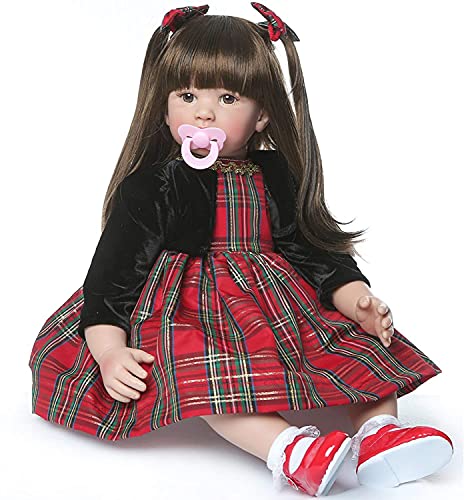 ZIYIUI Reborn Baby Dolls 24 Inch 60cm Reborn Babies Looks Real Dolls Soft Silicone Vinyl Realistic Plaid Skirt Long Hair Reborn Girls Toddler Toys Gifts for age 3 +