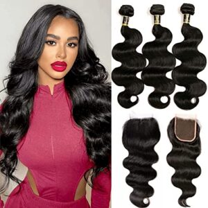 Yavida Brazilian Hair Bundles with Closure 9A Brazilian Body Wave Bundles with Closure 100% Remy Human Hair Natural Black 14 16 18+12 Inch