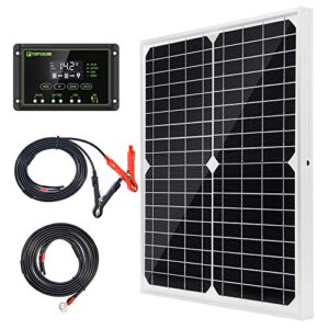 Topsolar 20W 12V Solar Panel kit Battery Charger Maintainer + 10A PWM Solar Charge Controller + Adjustable Mount Tilt Rack Bracket + Solar Cable for Car RV Marine Boat 12 Volt Battery Off Grid