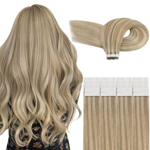 YoungSee Blonde Tape in hair Extension 16 Inch Human Hair Tape in Extensions Blonde Tape in Human Hair Extensions #16/22 Ash Blonde with Golden Blonde 20pcs 50g Tape in Remy Hair Extensions Sof