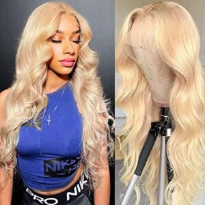 613 Blonde Lace Front Wigs Human Hair Body Wave 13x4 HD Lace 613 Frontal Wig Pre Plucked Bleached Knots with Baby Hair 150% Density 10A Brazilian Blonde Wig Human Hair for Women (18Inch)