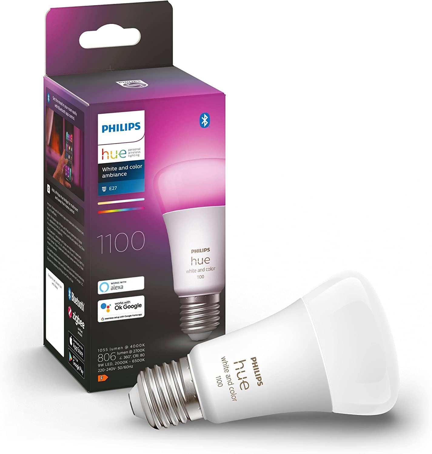 Philips Hue NEW White and Colour Ambiance Smart Light Bulb 75W - 1100 Lumen [E27 Edison Screw] With Bluetooth. Works with Alexa