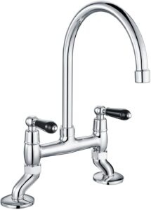 Traditional Kitchen Sink Bridge Mixer Tap Dual Black Handle 2 Hole Deck Mount Tap Monobloc Swivel Spout Chrome