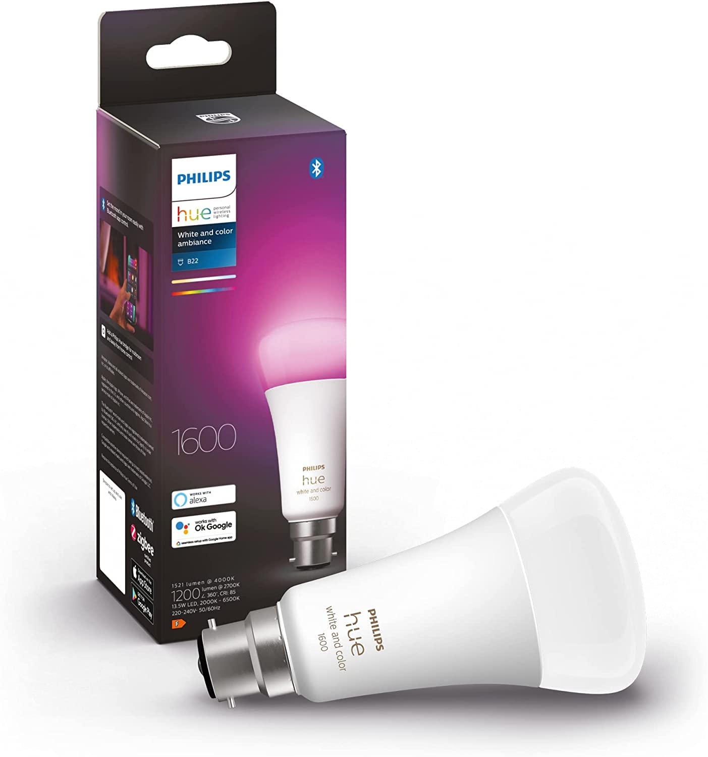 Philips Hue White & Colour Ambiance Single Smart Bulb LED [B22 Bayonet Cap] - 1600 Lumens (100W equivalent). Works with Alexa