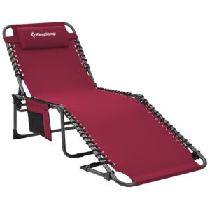 KingCamp Reclining Sun Lounger 4-Position Adjustable Foldable Heavy Duty Lounge Chair Camping Folding Bed with Pillow & Pocket for Patio Garden Beach Pool Tent Camping