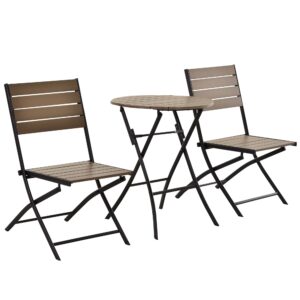 Outsunny 3 Pcs Folding Bistro Dining Set 2 Single Chair 1 Dining Table Metal Frame Plastic Panels Slatted Compact Garden Outdoor Apartment Furniture - Black&Brow