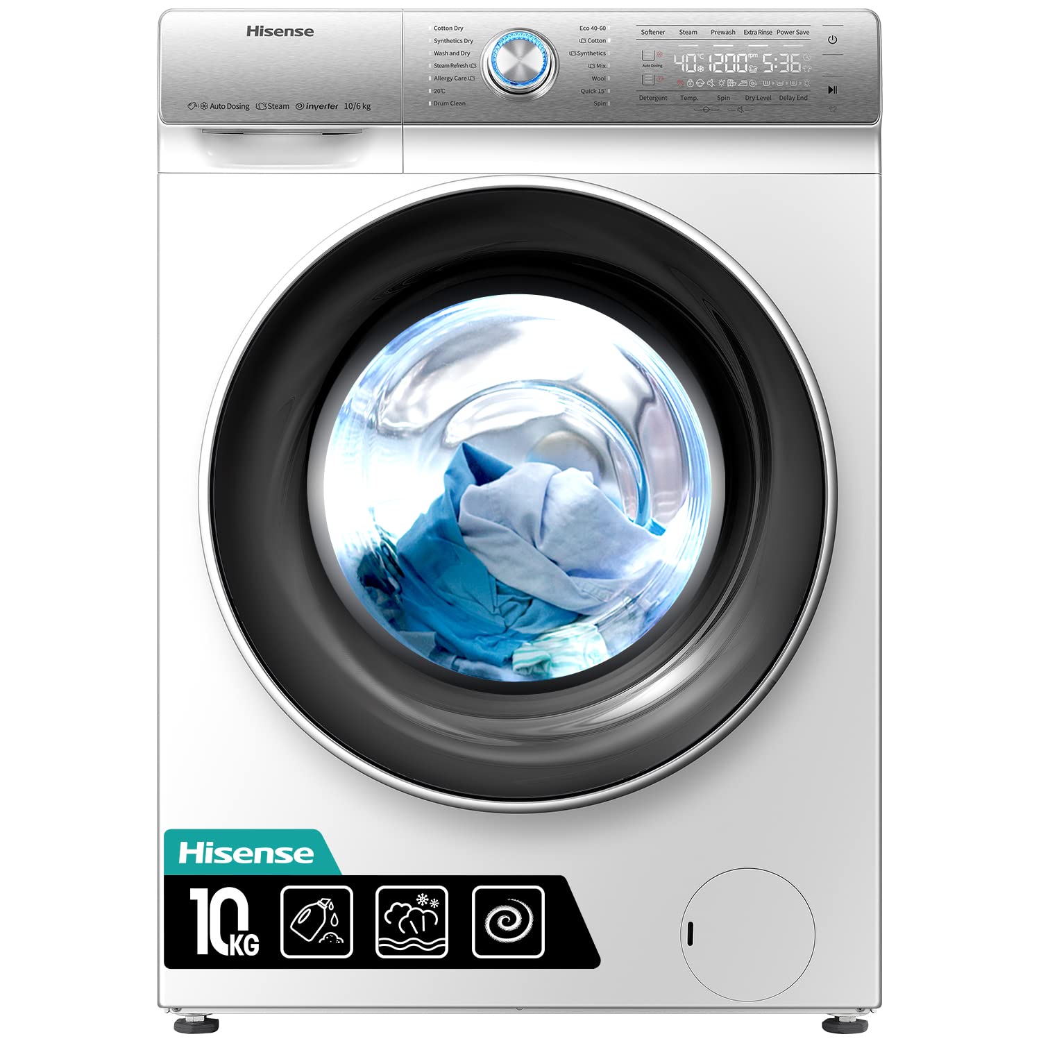 Hisense WDQR1014EVAJM Freestanding 10 KG Front Load Washer Dryer Auto Dosing Steam Wash Big LED Touchscreen 1400 RPM 10 kg/6 kg Load White Energy Rating E            [Energy Class E]