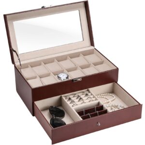 Procase 2 Layers Watch Box Jewellery Watch Storage Box with Glass Lid