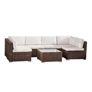 Teamson Home 7 Piece Outdoor Garden Woven Rattan Multipiece Sectional Corner Sofa & Glass Table