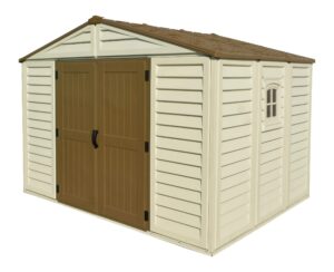 Duramax WoodBridge Plus 10.5 x 8 Plastic Garden Shed with Foundation Kit & Fixed Window - Ivory & Brown - 15 Years Warranty