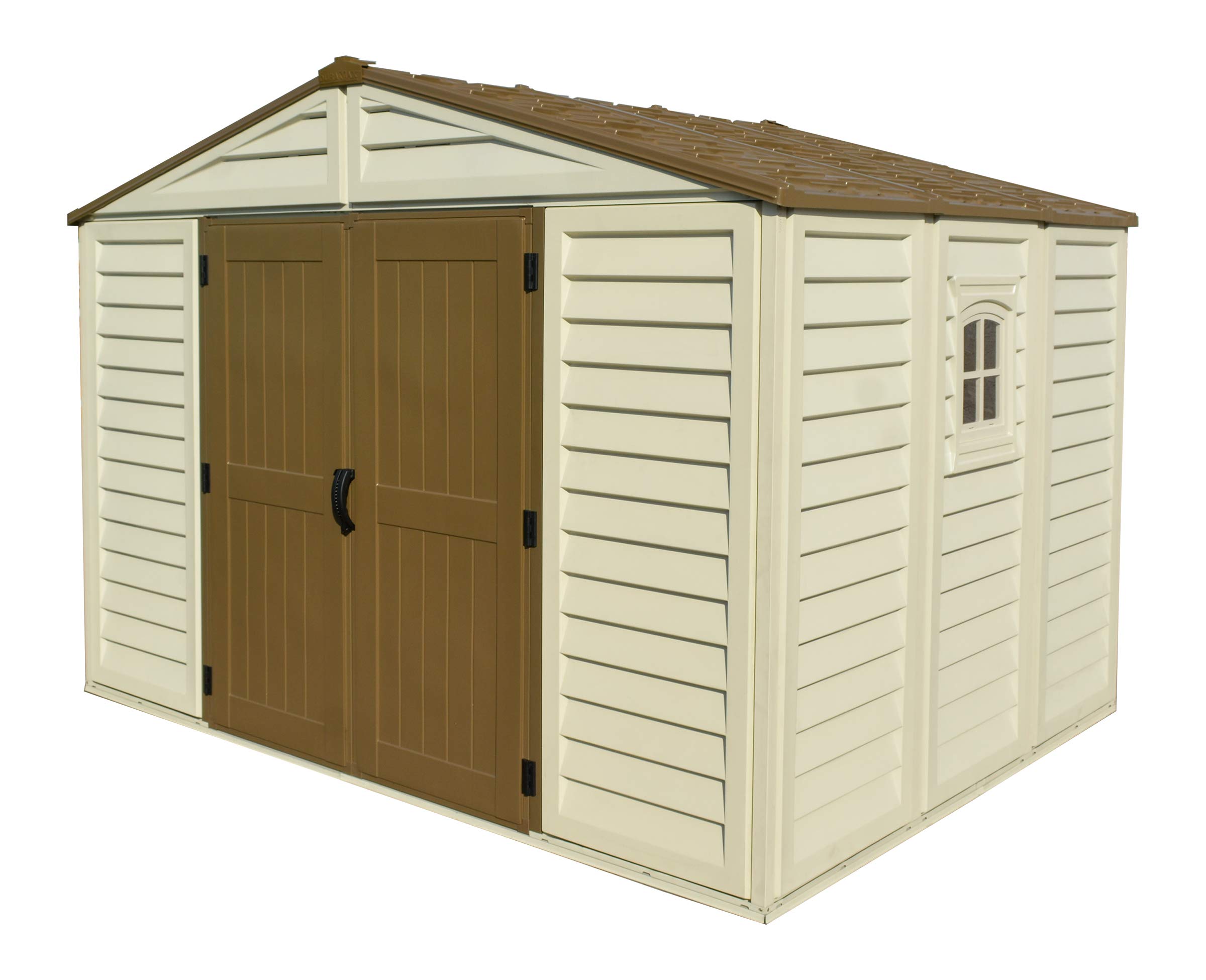 Duramax WoodBridge Plus 10.5 x 8 Plastic Garden Shed with Foundation Kit & Fixed Window - Ivory & Brown - 15 Years Warranty