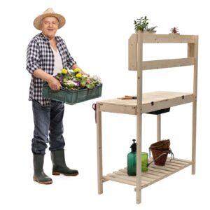 BEJOY Garden Potting Table Wooden Potting Planting Table Practical Working Decorative Bench Garden Potting Benches Wooden Shelf