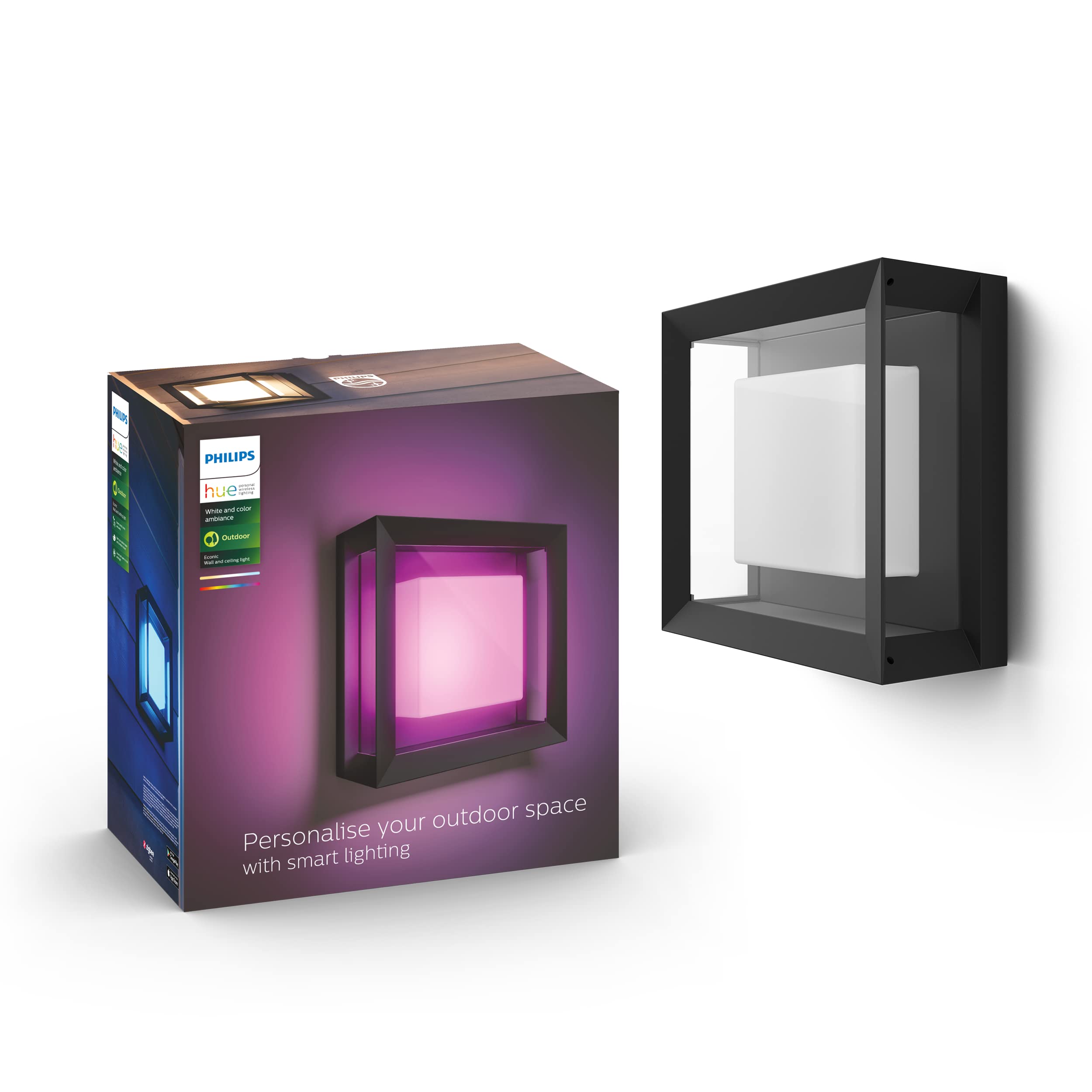Philips Hue Econic White and Colour Ambiance LED Smart Garden Wall Light [Square Porch Light]