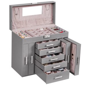 ANWBROAD Huge Jewellery Organiser Box 6 Tier 40 Necklace Hooks Display Storage Case with Lock Mirror Jewellery Box Earrings Rings Necklaces Bracelets Gift Jewellery Box Faux Leather JJB018H