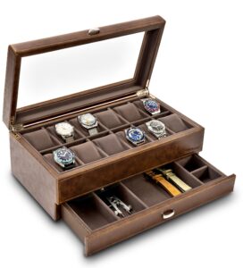 TAWBURY 12 Grid Watch Box for Men – Brown or Black | Faux Leather Watch Display Case 12 | Watch Boxes Brown | Multi Watch Case | Watch Cases for Men | Mens Watch Storage Box | Mens Watch Box 12