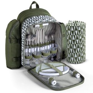 VonShef 4 Person Picnic Backpack with Blanket – Green Geo Print Picnic Rucksack & Mat - Green & White Weatherproof Picnic Bag & Rug - Cooler Bag w/ Dining Set & Cooling Compartment