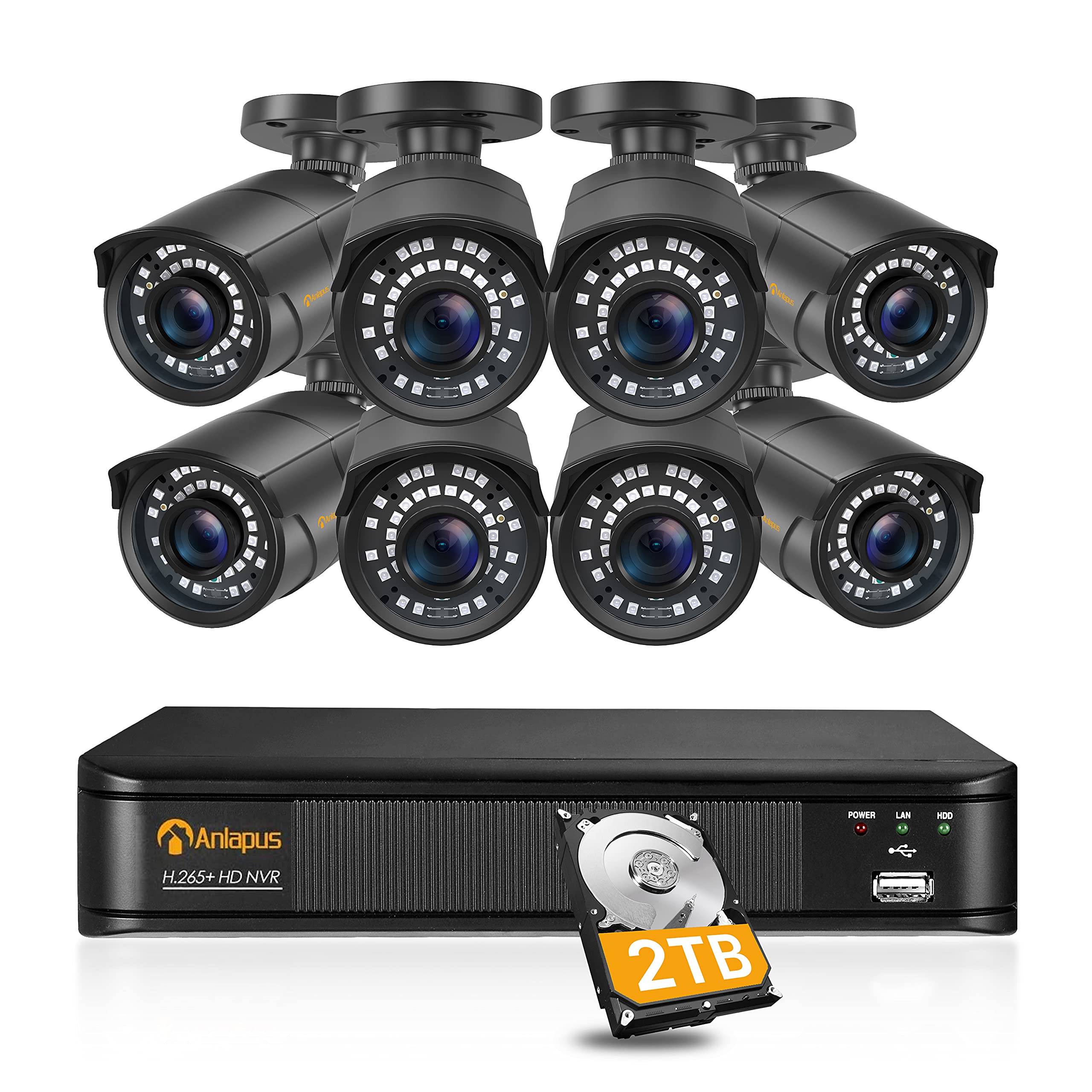 Anlapus 8CH 2K 5MP PoE Security Camera System H.265+ NVR with 2TB Hard Drive and (8) 5MP Outdoor PoE IP Camera for Home Surveillance