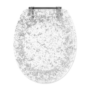 Navaris Glitter Toilet Seat - Transparent Toilet Seat with Sparkly Silver Glitter - See-Through Resin Loo Seat with Glittery Sparkles/Chrome Hinges