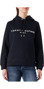 Woman in Tommy Hilfiger hoodie table
