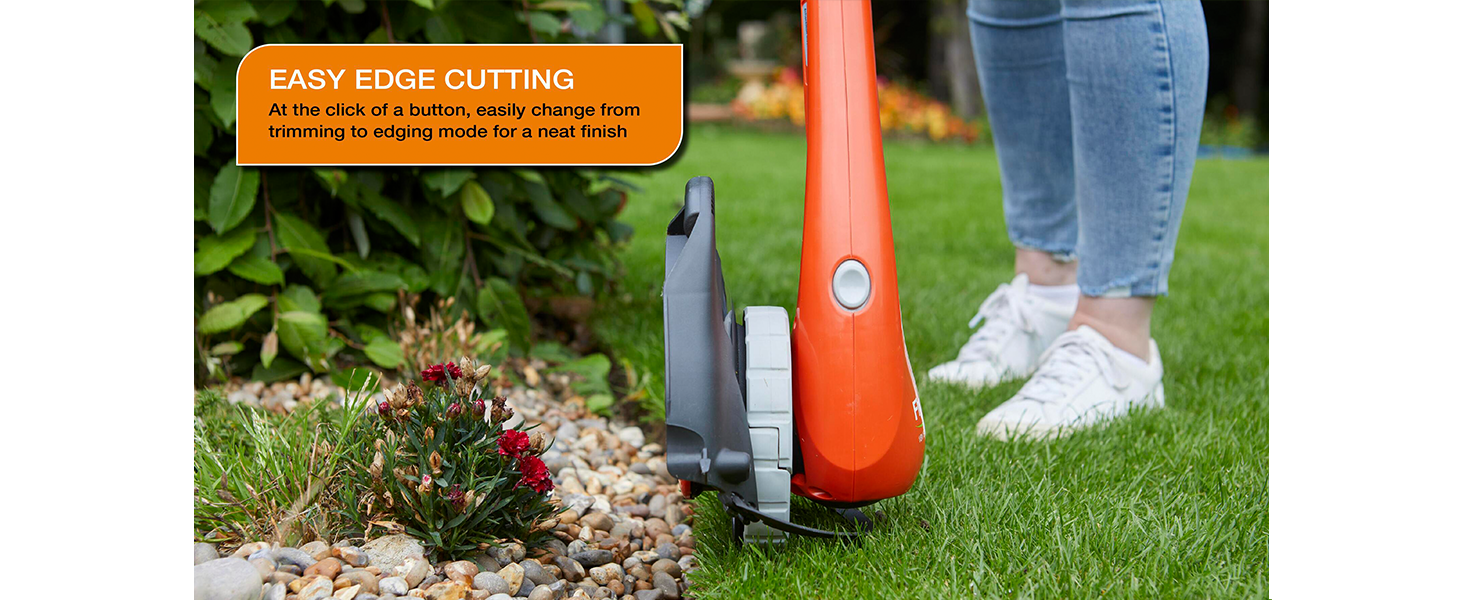 Simply press the edging button and rotate the trimmer head