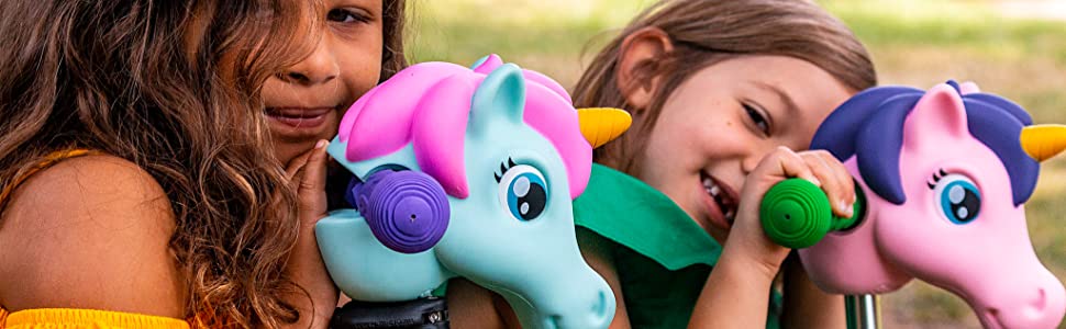 Mint and Pink Unicorn Scootaheadz on Scooters with 2 girls models