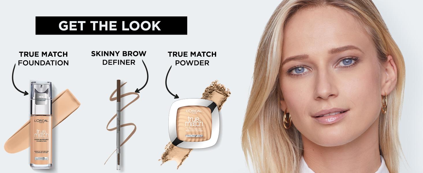 get the look by with true match foundation, brown definer, and true match powder