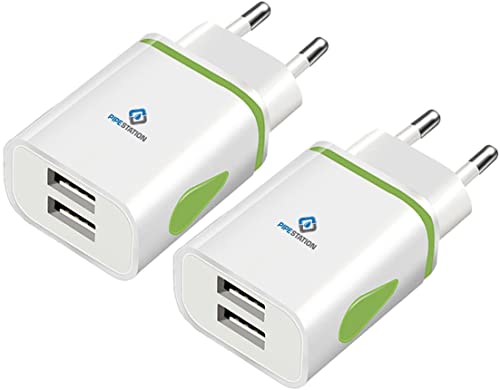 Pipestation® Holiday Charger EU 2 Pin to USB Plug Travel Adapter Charger | Euro Adaptor - 2 USB Ports | European Universal Power Charging For iPhone Samsung Smartphones Shaver Toothbrush (2 Pack)