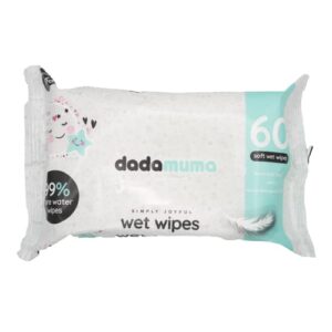 dadamuma Pure Water Baby Wipes (Pack of 60) | 99% Pure Water | Suitable for use on newborn sensitive skin | Recyclable Packaging.