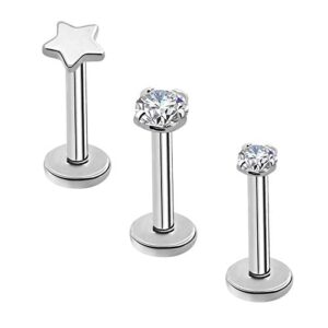 OUFER 3PCS Titanium Flat Back Tragus Earrings Labret Piercings Pack Internally Thread Monroe Lip Rings Helix Cartilage Conch Ear Nose Studs Jewellery