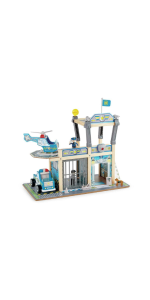 wooden toy car, pretend-play, police station playset, toy vehicles