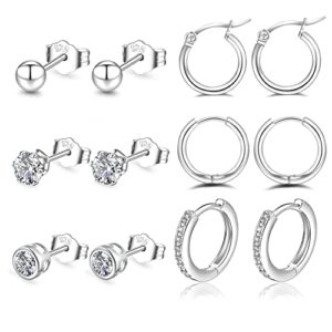 Silver Hoops Earrings for Women 925 Sterling Silver Hoop Earrings with Silver Stud Earrings Set with Cubic Zirconia Unisex Sleeper Huggie Small Hoop Earrings for Men Women(4mm*3+1 * 8/10/12mm) PABBEU