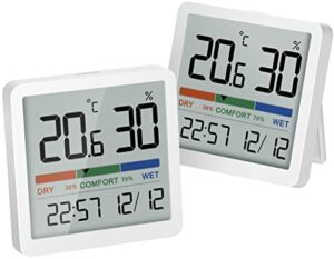 NOKLEAD Room Thermometer Hygrometer Small Digital Temperature Humidity Meter Indoor Thermometers Sensor Air Monitor with Clock Comfort Display Calibration (White-2PCS)
