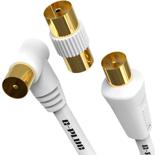 1m Long TV Aerial Right Angle with Plug Adapter - Coaxial Satellite Cable TV Antenna AV Lead Male to Male with RF Connector Coax Extension Gold - FreeView