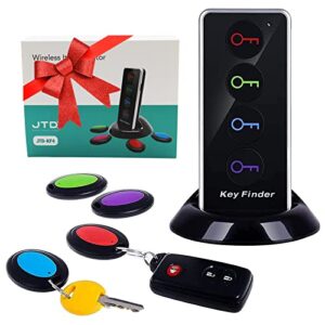 Remote Key Finder JTD Wireless Key Finder Tracker/Wireless RF Item Locator with LED Flashlight and Base Support for Keys Pets Cell Phone (4 Receivers
