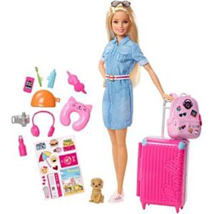 Barbie Travel Doll - Blonde Doll with Puppy & Opening Pink Suitcase - Collapsing Handle - Sticker Sheet - 10+ Accessories - Gift for Kids 3+