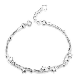 Tusuzik Elegant Mini Stars Beaded Charm Bracelet 925 Sterling Silver Box Chain Layered Bracelet