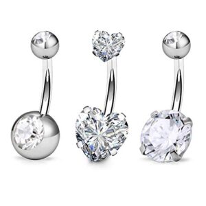 FECTAS 3pcs Silver Belly Button Ring Top Zirconia 316L Surgical Steel 14G Navel Bars Piercing Jewellery
