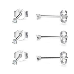 CERSLIMO 3 Pairs Sterling Silver Stud Earrings for Women Men Girls 2mm Tiny Round Cubic Zirconia Stud Earrings Pearl Earrings Ball Earrings Set Cartilage Small Tragus Earrings for Sensitive Ears