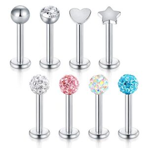 FECTAS 8pcs Lip Labret Stud Stainless Steel 16G 8mm Bars Tragus Monroe Helix Cartilage Piercing Jewellery